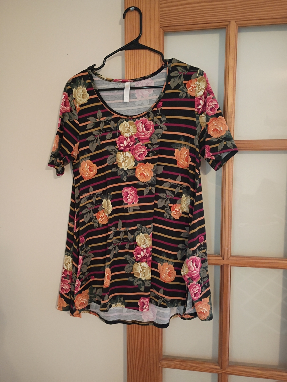 LuLaRoe Black Striped Tunic with Pink and Orange Roses